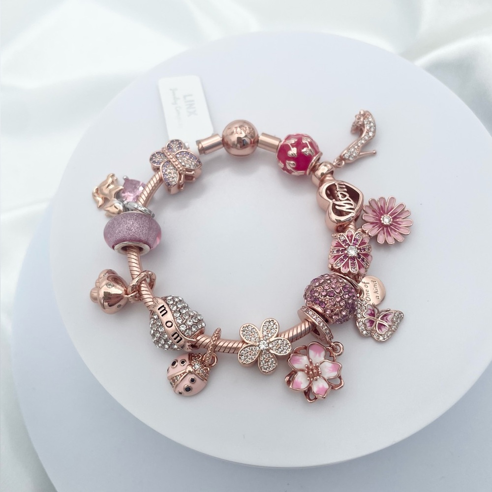 Linx Rose Gold Snake Chain Bracelet with Rose Gold Mom Themed Charms